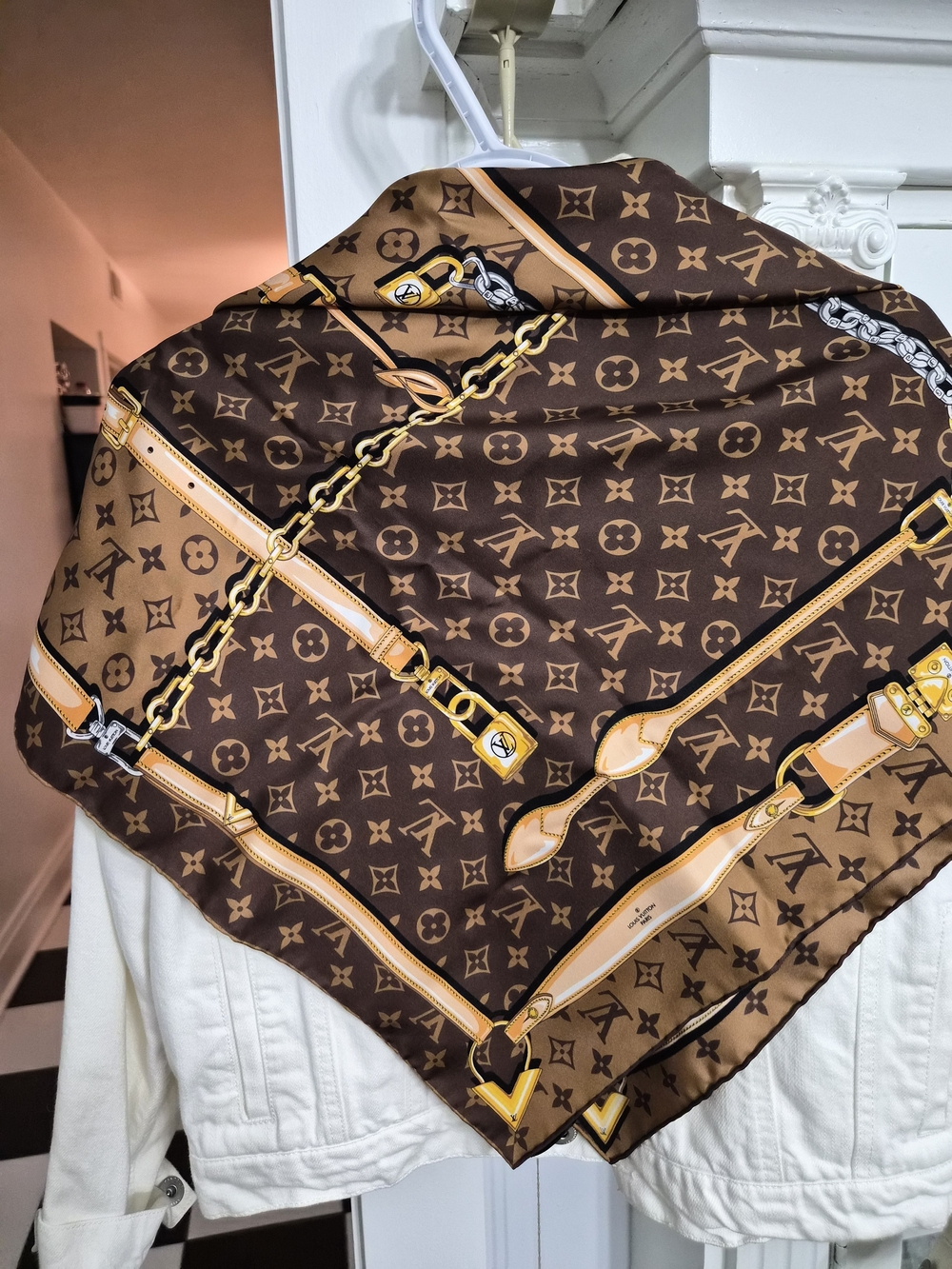 Louis Vuitton Brown & Tan Monogram Silk Scarf with Gold Accents - Picture 3 of 7
